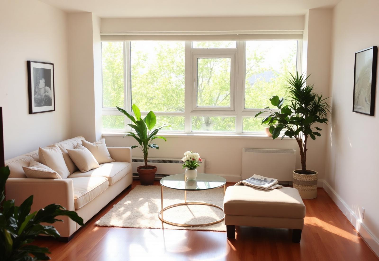 Bright, freshly cleaned Toronto living room with sunlit floors and tidy furniture